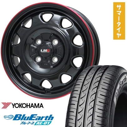 165/55R14 夏タイヤ ホイール4本セット YOKOHAMA ブルーアース AE-01 (軽自動車用) LEHRMEISTER LMG OFF-STYLE(グロスブラック/レッドリム) 14インチ