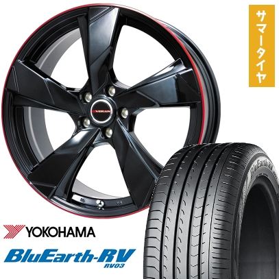 215/60R16 夏タイヤ ホイール4本セット YOKOHAMA ブルーアース RV-03 (5/114車用) PREMIX ヴェランV(グロスブラック/レッドリム) 16インチ