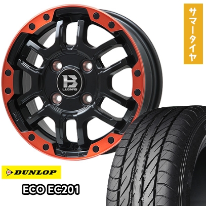 145/80R12 夏タイヤ ホイール4本セット DUNLOP エコ EC201 (軽自動車用) BIGWAY B-LUGNAS FRD(マットブラック/レッドリム) 12インチ