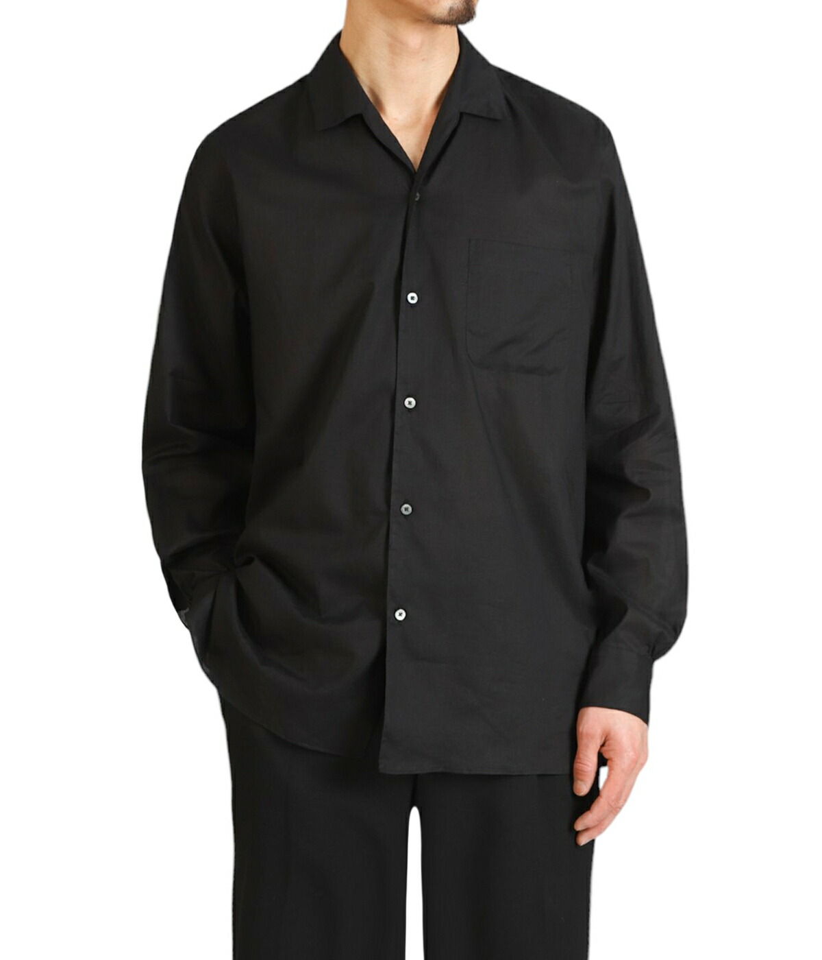 【新品】markaware 25AW イタリアンオープンカラーシャツBlack2 オーガニックウール 2/80 ギャバジン / イタリアンオープンカラー