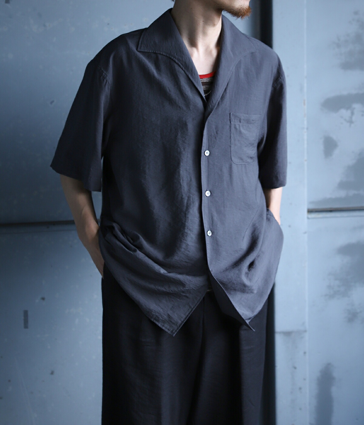 PORT BY ARK オープンカラーシャツ　チャコール PORT BY ARK / ポートバイアーク ： Open Collar S/S Shirt 全3色 PO17