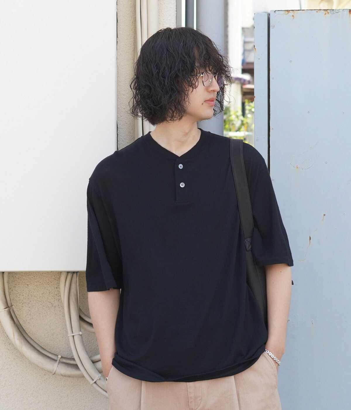 【新品未使用】PORT BY ARK☆ウールT ヘンリーネック☆1☆黒 PORT BY ARK PORT BY ARK / ポートバイアーク ： Wool Henley Neck T