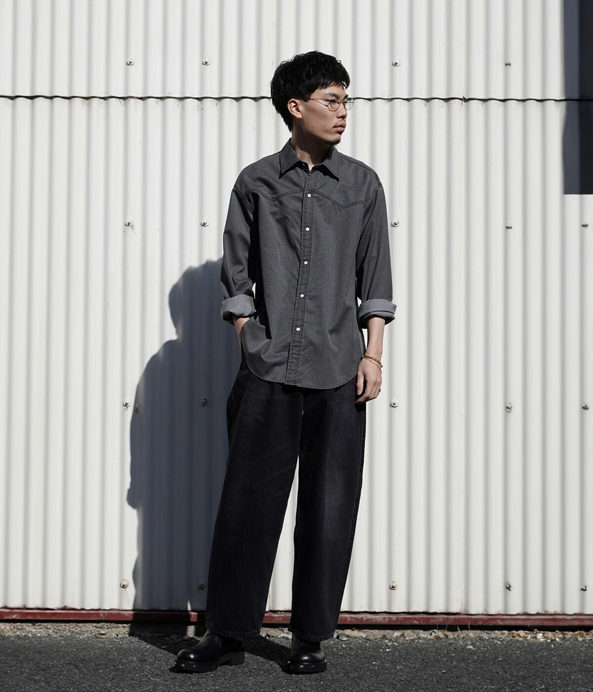 marka オーバーサイズバスクシャツ BLACK/GRAY 2 marka（マーカ） ： WESTERN SHIRT -WASHABLE 2/72 WOOL GABARDINE