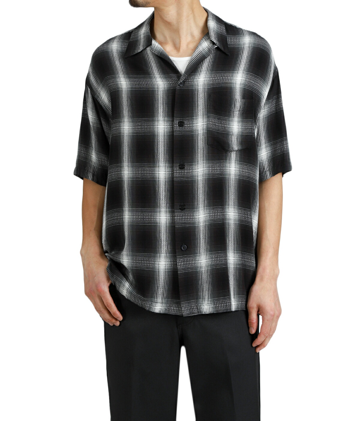 MINEDENIM（マインデニム） ： Rayon Dobby Plaid S.S Open Collar SH