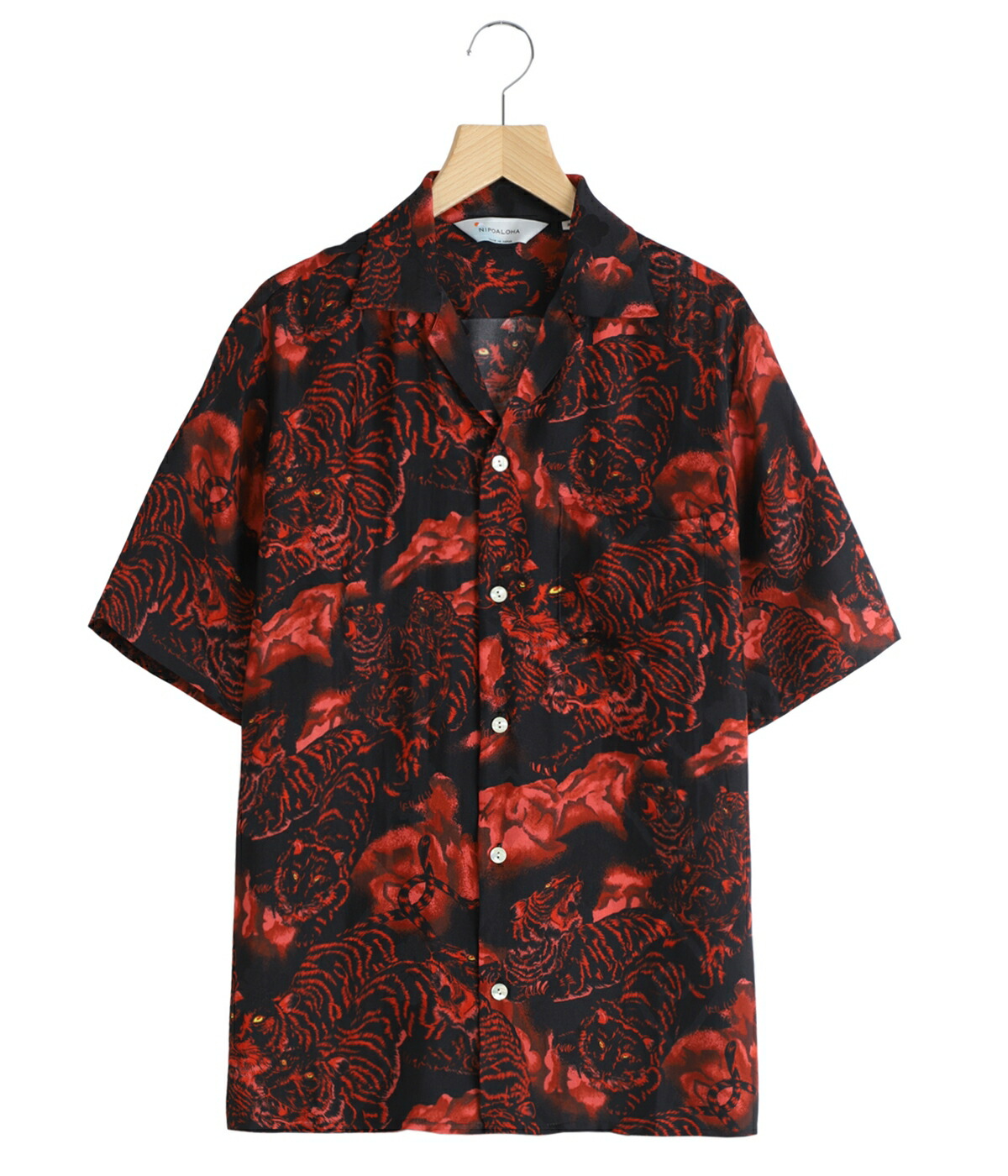 NIPOALOHA / ニポアロハ ： SILK CUPRO SHORT SLEEVE ALOHA SHIRT〈ONE HUDRED TIGERS / BLACK / RED TIGER〉 ： N26-SCSH05の画像