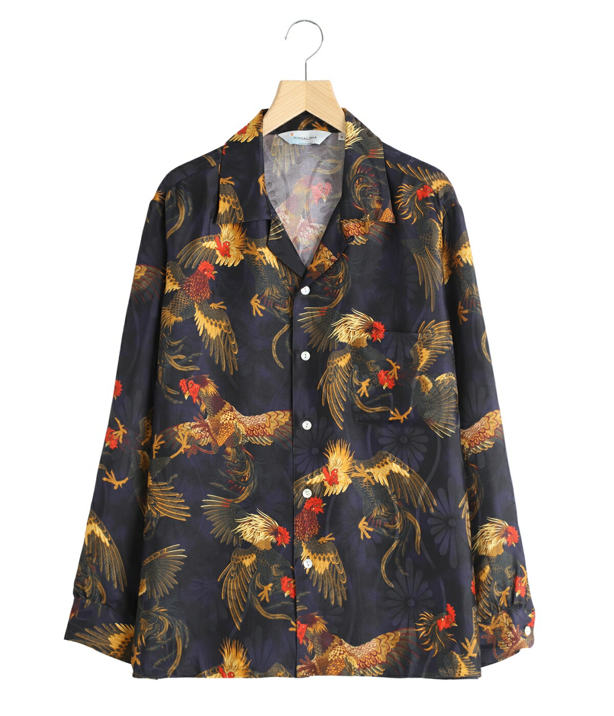 NIPOALOHA / ニポアロハ ： SILK LONG SLEEVE ALOHA SHIRT〈COCK FIGHTING/ BLACK BLUE〉 ： N26-SLSH02の画像