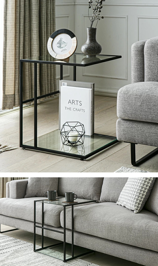 サイドテーブル コーヒーテーブル ガラス スチール 収納 正方形 