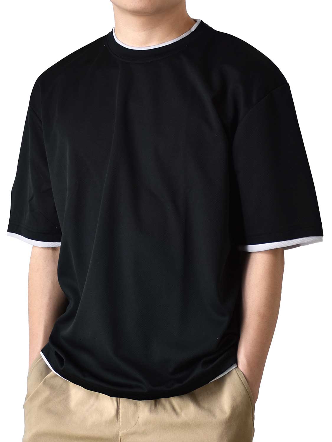 Tシャツ メンズ 5分袖 ドライストレッチ 重ね着風 ワイドシルエット クルーネック 丸首 送料無料 通販YC｜aronacasual｜02