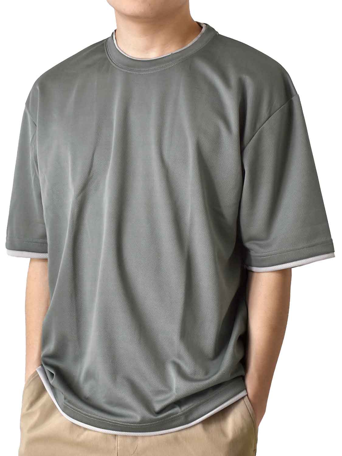 Tシャツ メンズ 5分袖 ドライストレッチ 重ね着風 ワイドシルエット クルーネック 送料無料 通販...