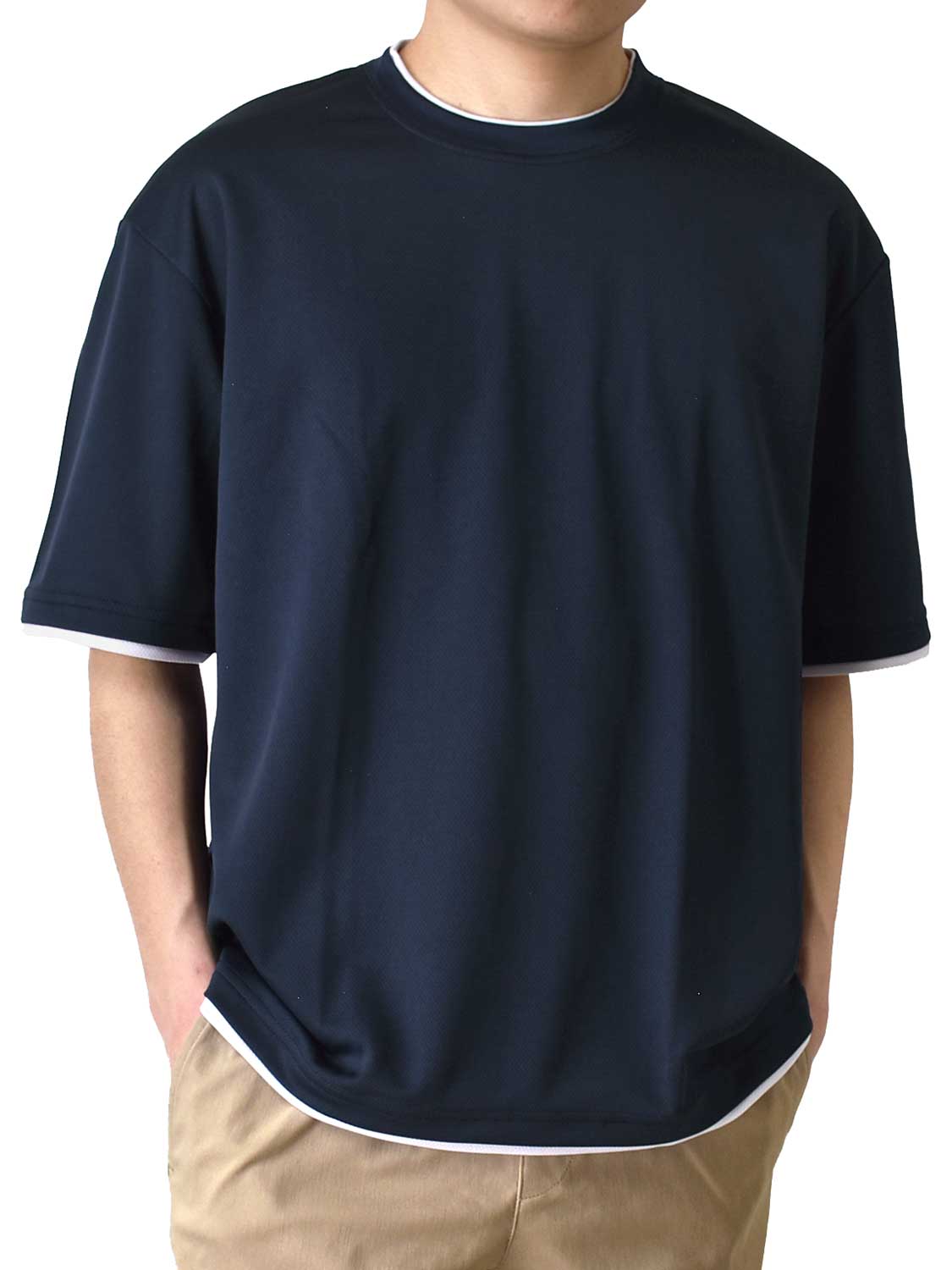 Tシャツ メンズ 5分袖 ドライストレッチ 重ね着風 ワイドシルエット クルーネック 送料無料 通販...
