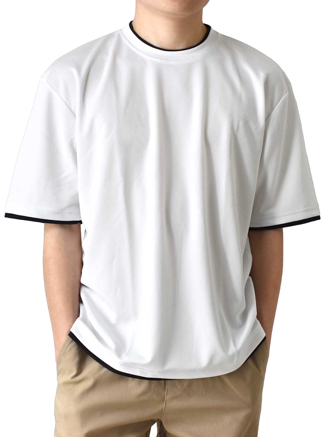 Tシャツ メンズ 5分袖 ドライストレッチ 重ね着風 ワイドシルエット クルーネック 丸首 送料無料 通販YC｜aronacasual｜03