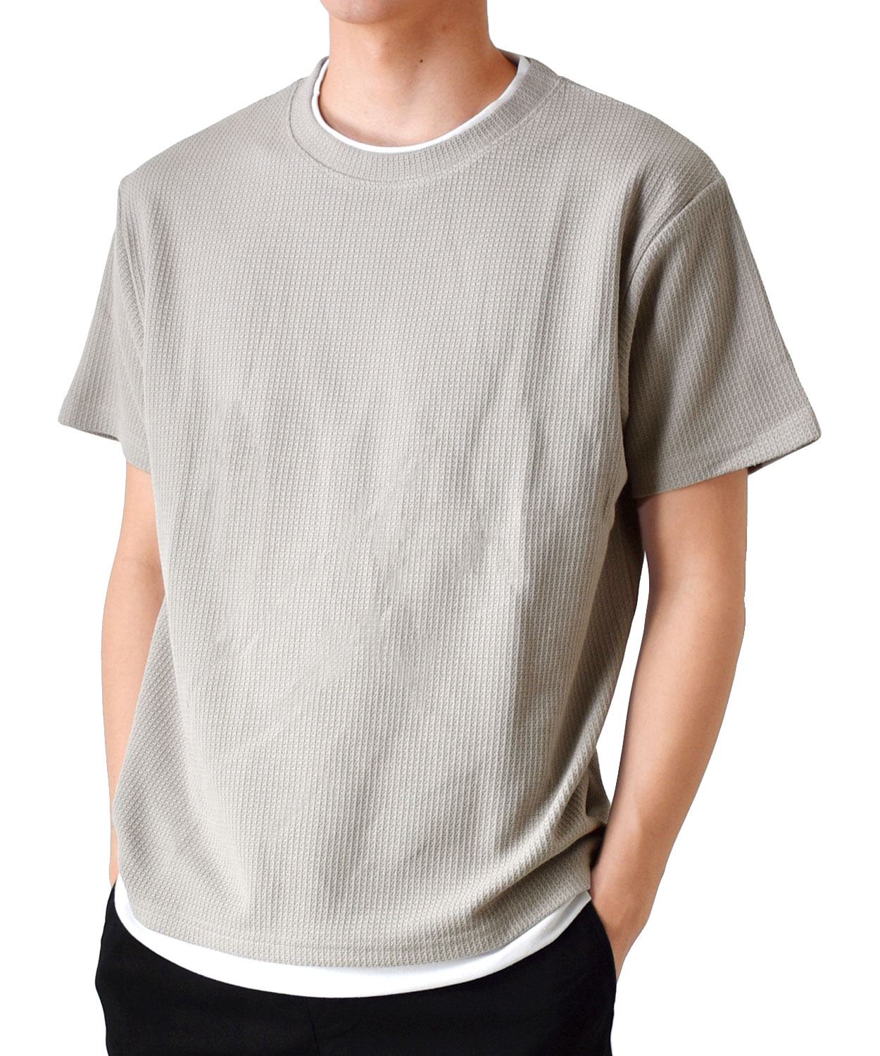 Tシャツ 半袖 メンズ カットソー ミニワッフル フェイクレイヤード 送料無料 通販YC｜aronacasual｜02