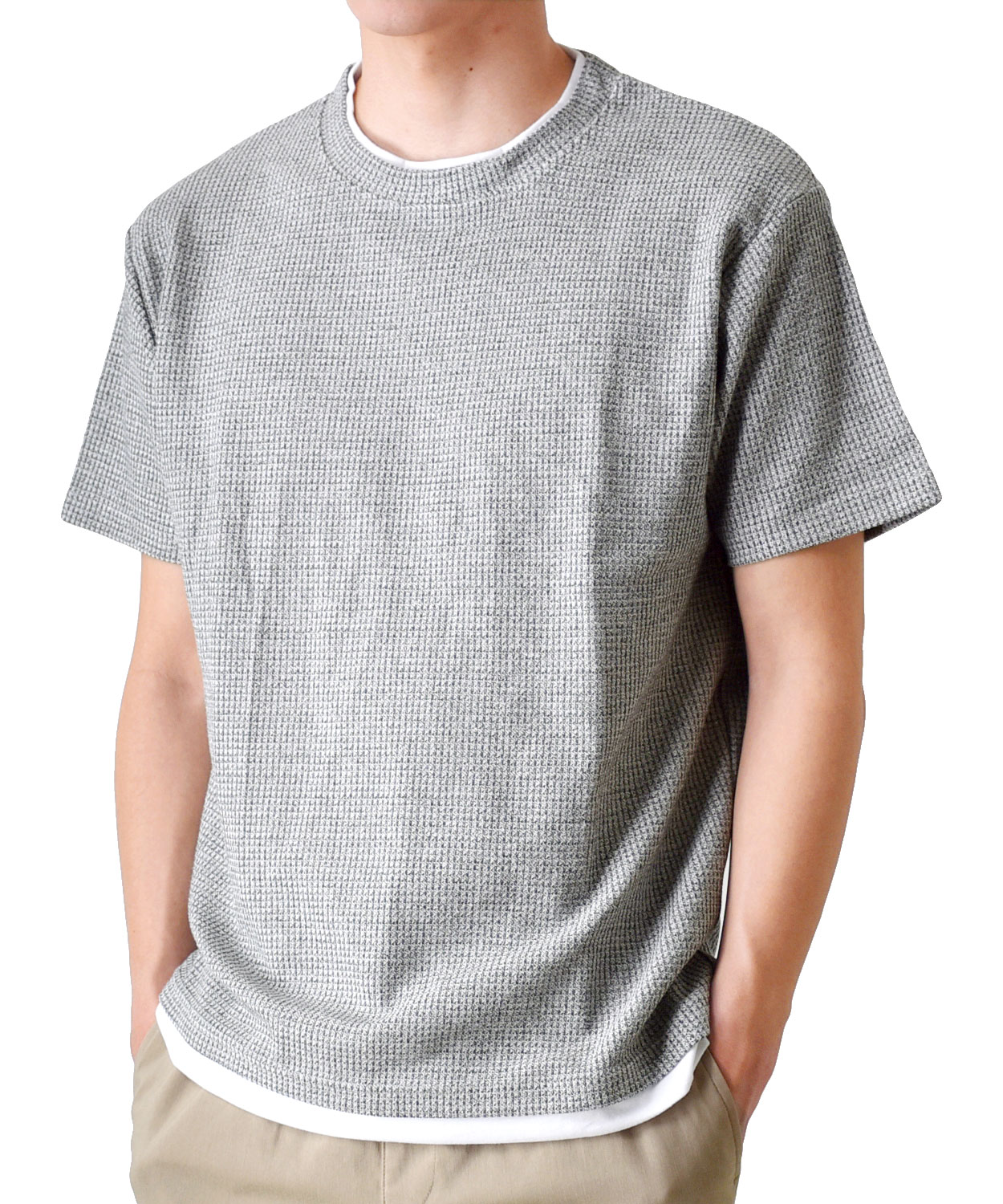 Tシャツ 半袖 メンズ カットソー ミニワッフル フェイクレイヤード 送料無料 通販YC