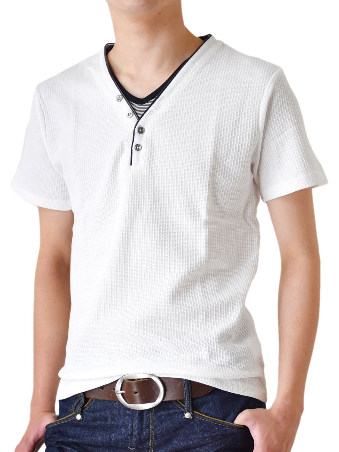カットソー メンズ Ｙヘンリー シャドーストライプ Tシャツ 半袖 送料無料 通販M《M2》｜aronacasual｜02