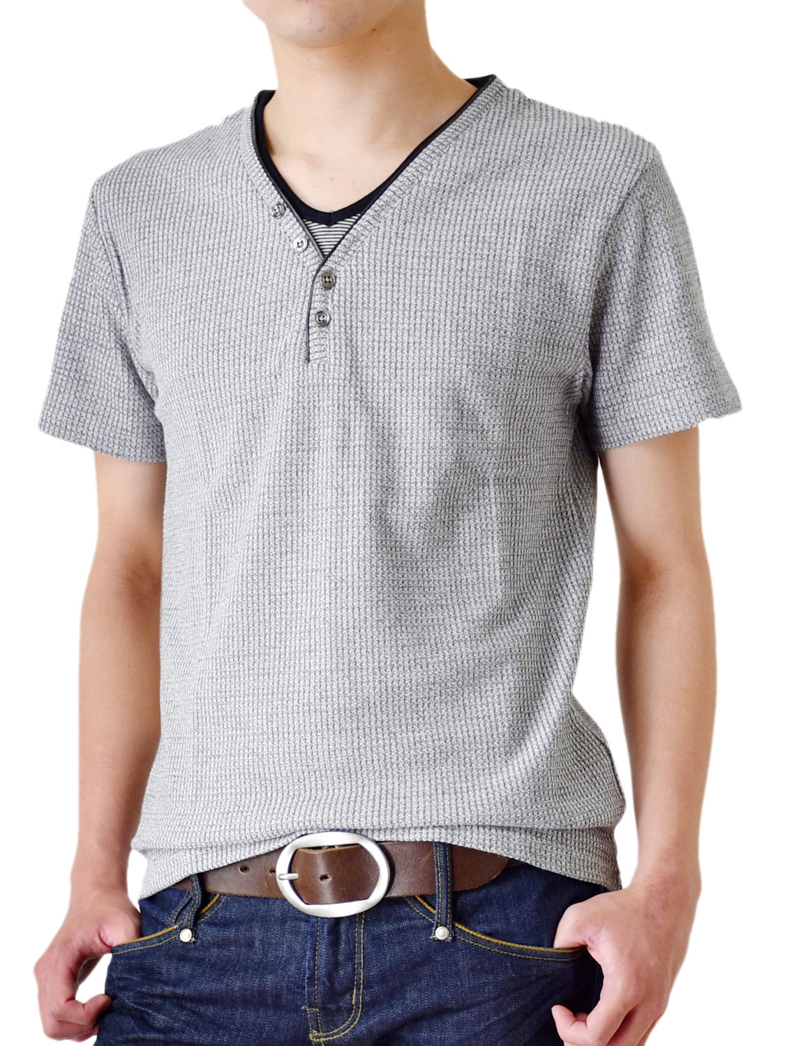 カットソー メンズ Ｙヘンリー シャドーストライプ Tシャツ 半袖 送料無料 通販M《M2》｜aronacasual｜03