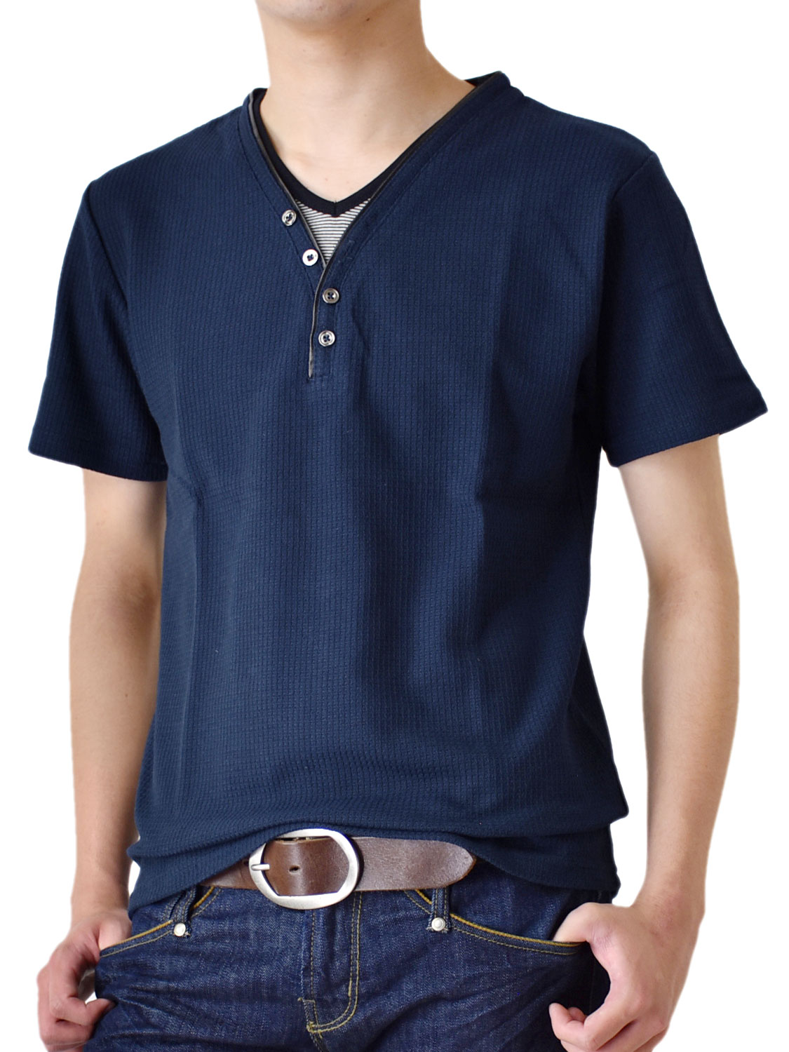 カットソー メンズ Ｙヘンリー シャドーストライプ Tシャツ 半袖 送料無料 通販M《M2》｜aronacasual｜05