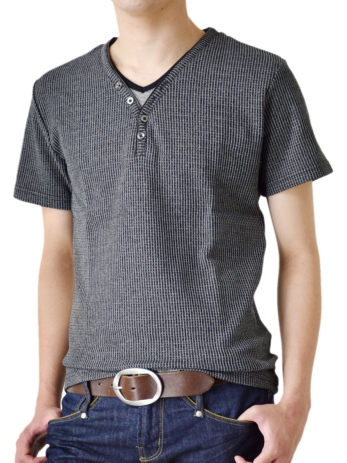 カットソー メンズ Ｙヘンリー シャドーストライプ Tシャツ 半袖 送料無料 通販M《M2》