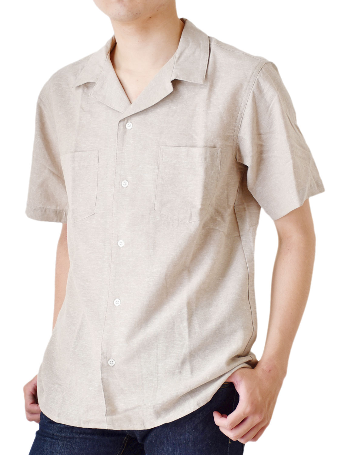 開襟シャツ 半袖 メンズ オープンカラーシャツ リネンブレンド 綿麻 送料無料 通販Y