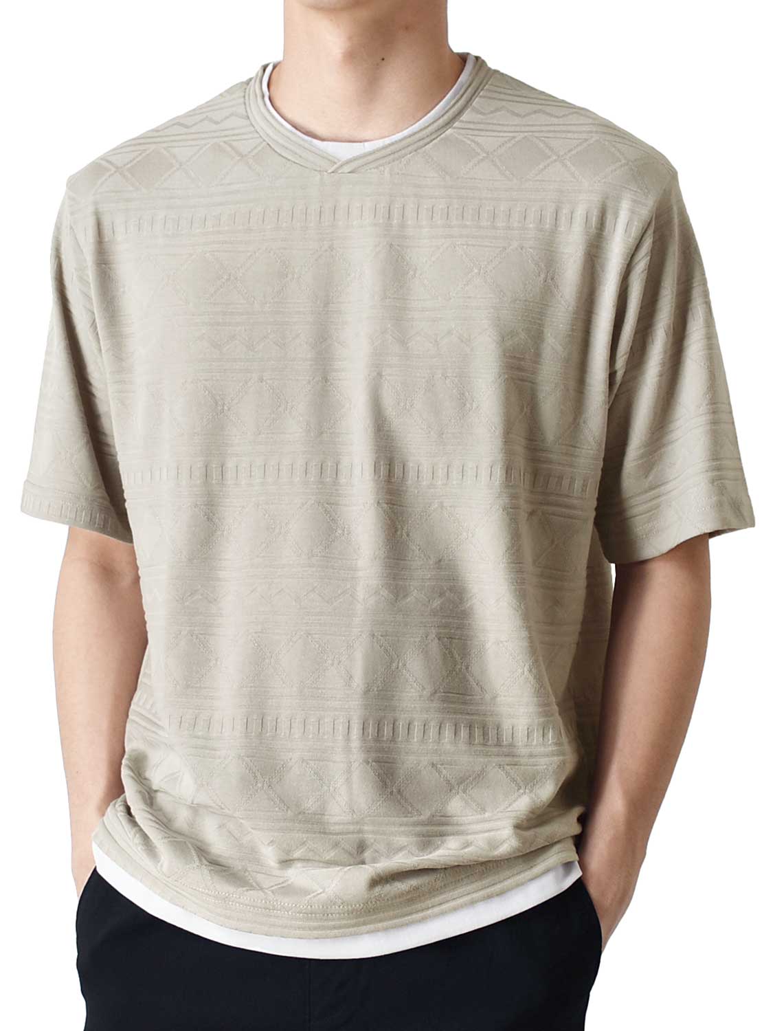 カットソー Tシャツ メンズ 総柄 ストレッチ 重ね着風 半袖 送料無料 通販Y