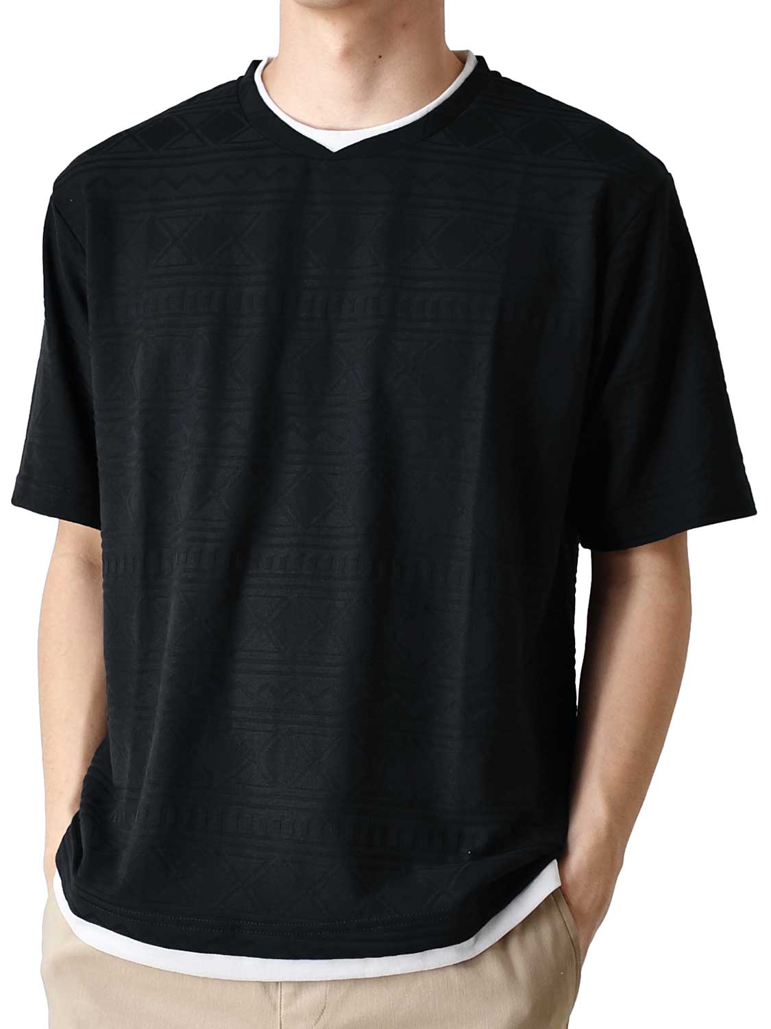 カットソー Tシャツ メンズ 総柄 ストレッチ 重ね着風 半袖 送料無料 通販Y