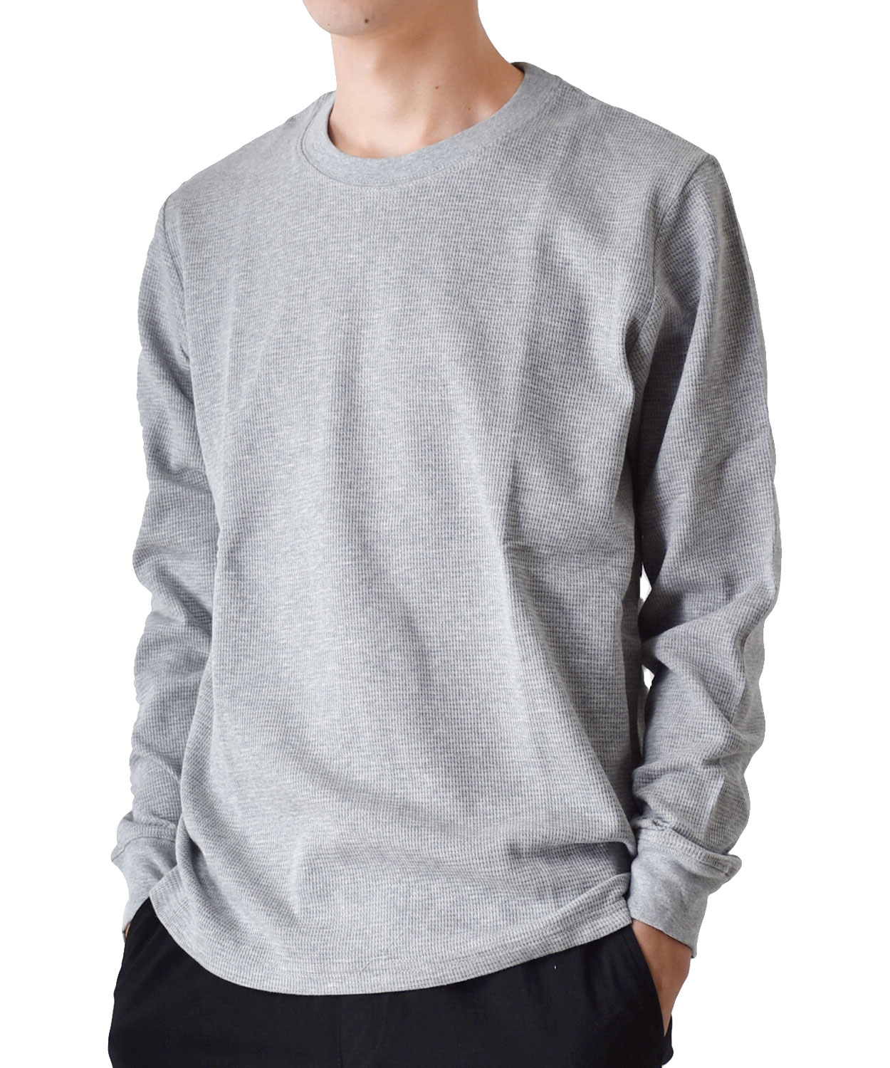 長袖Tシャツ メンズ ワッフル ストレッチ ロンT クルーネック