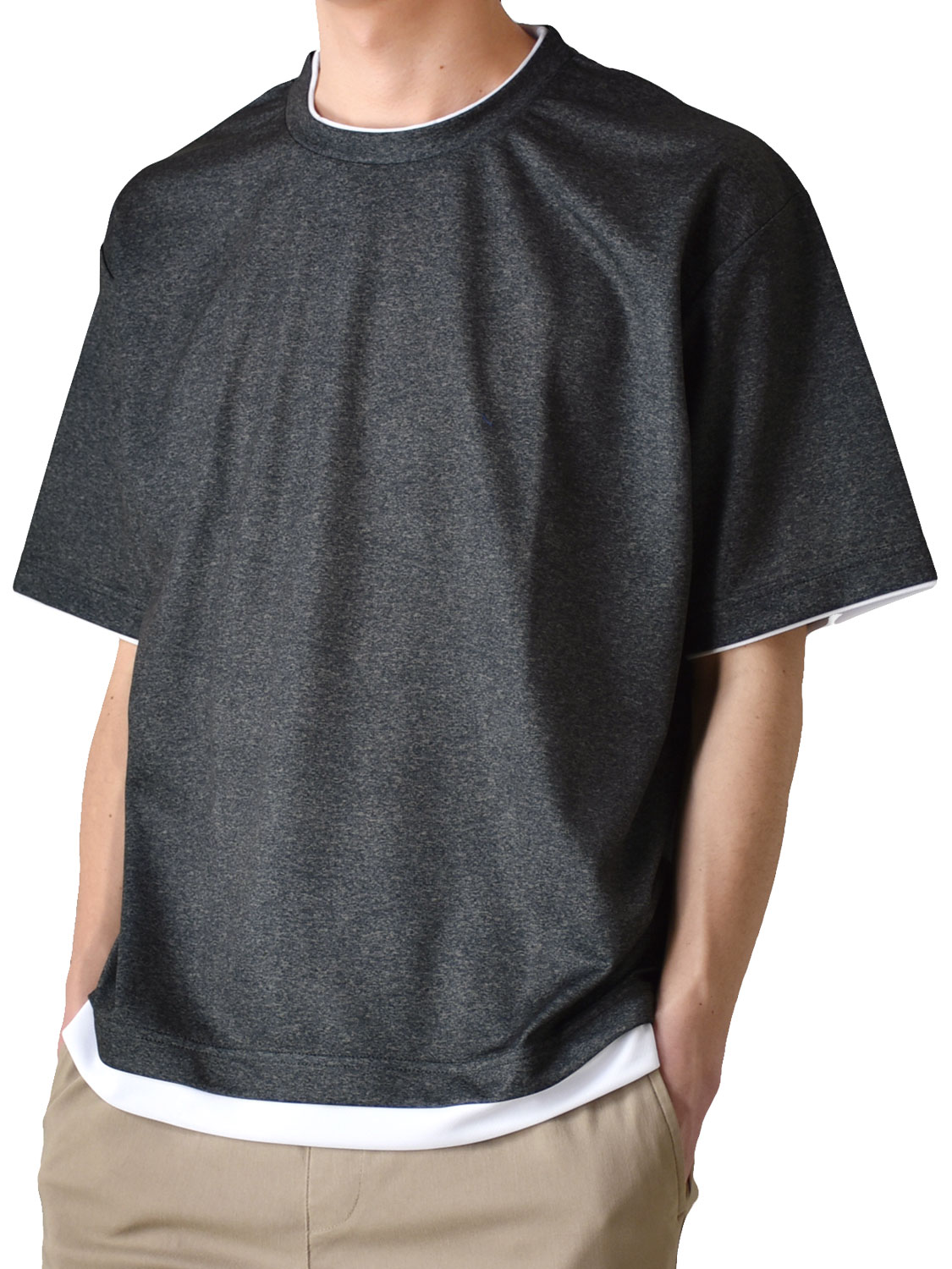 Tシャツ メンズ 五分袖 オーバーサイズ DRYストレッチ 重ね着風 吸汗速乾 総柄 春 夏 秋 カジュアル 送料無料 通販Y | ARONA | 01