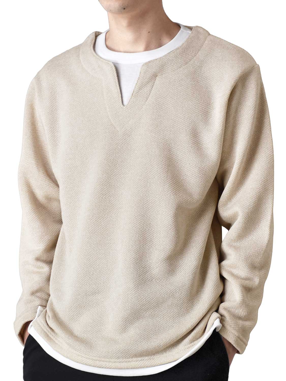 ARONA あったか 裏起毛 Tシャツ メンズ 長袖 ストレッチ キーネック