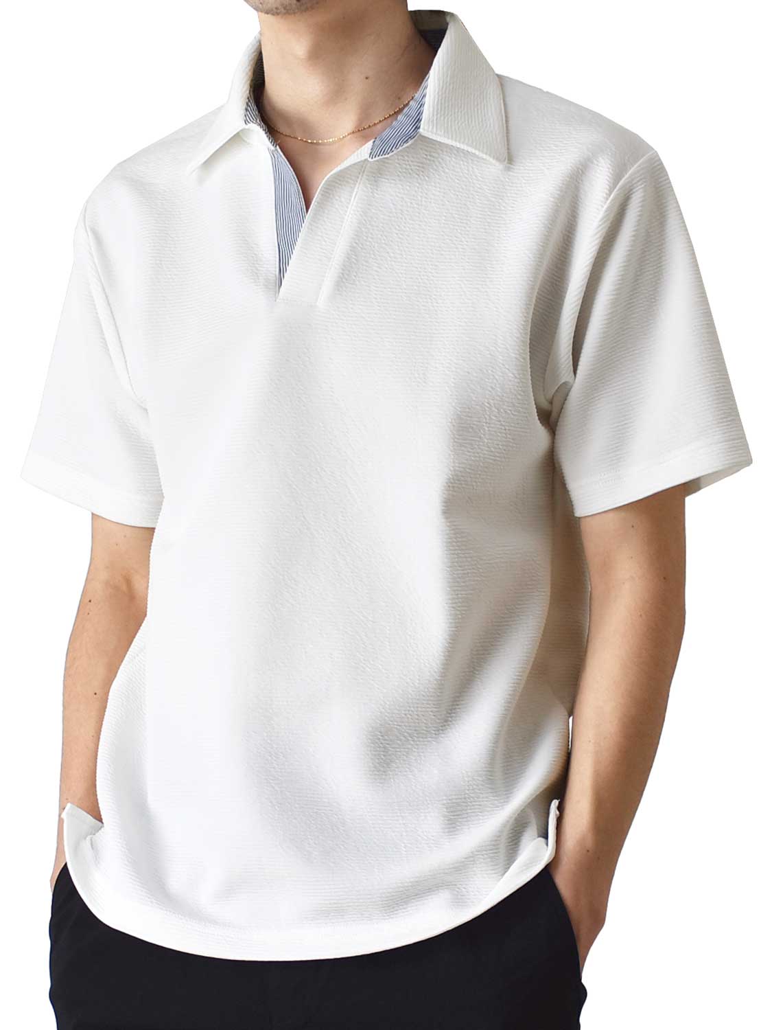 カットソー ポロシャツ メンズ スキッパー 衿切替 リップル素材 送料無料 通販Y