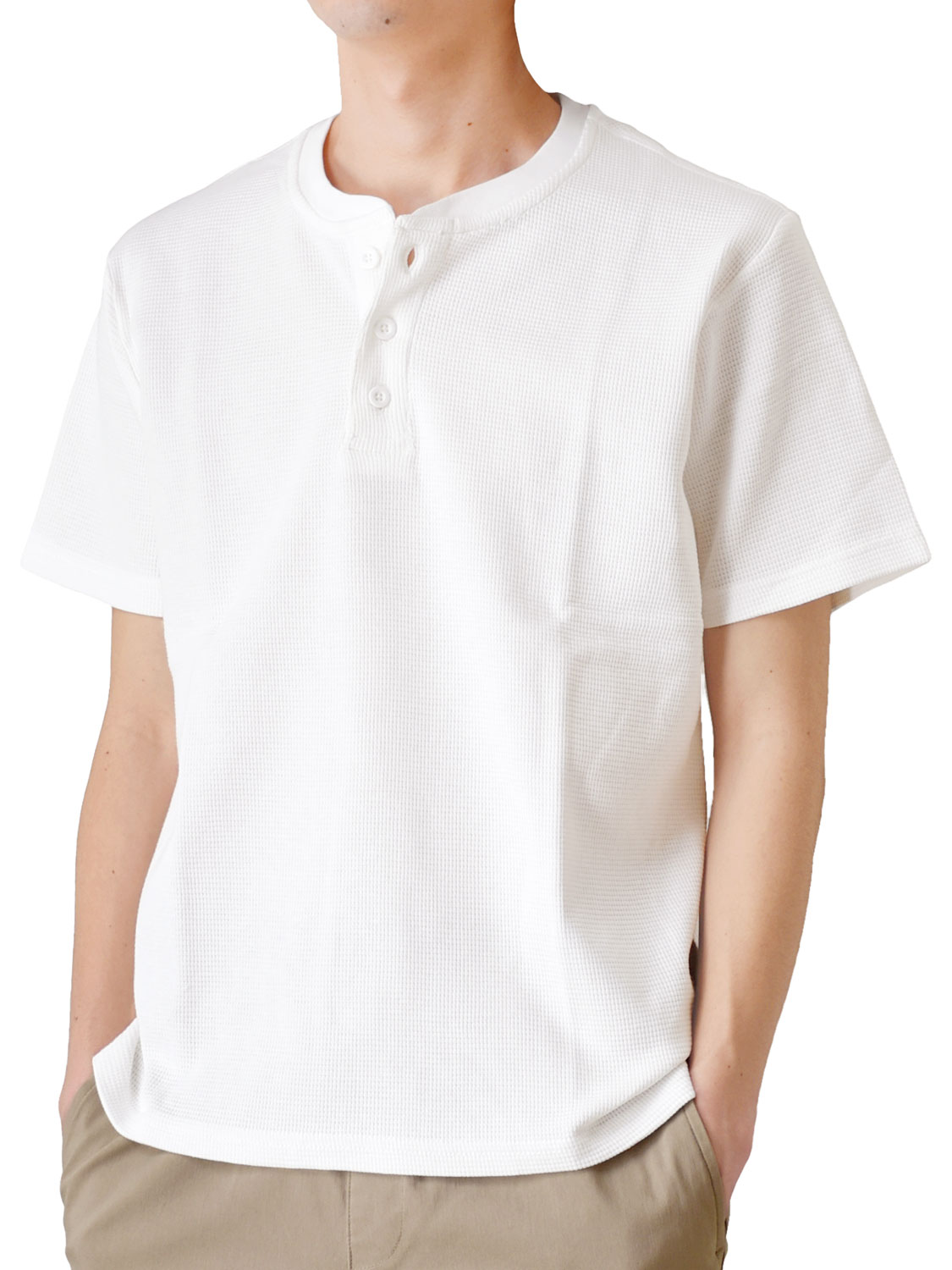 ARONA サーマルTシャツ メンズ 半袖 ヘンリーネック ワッフルTシャツ