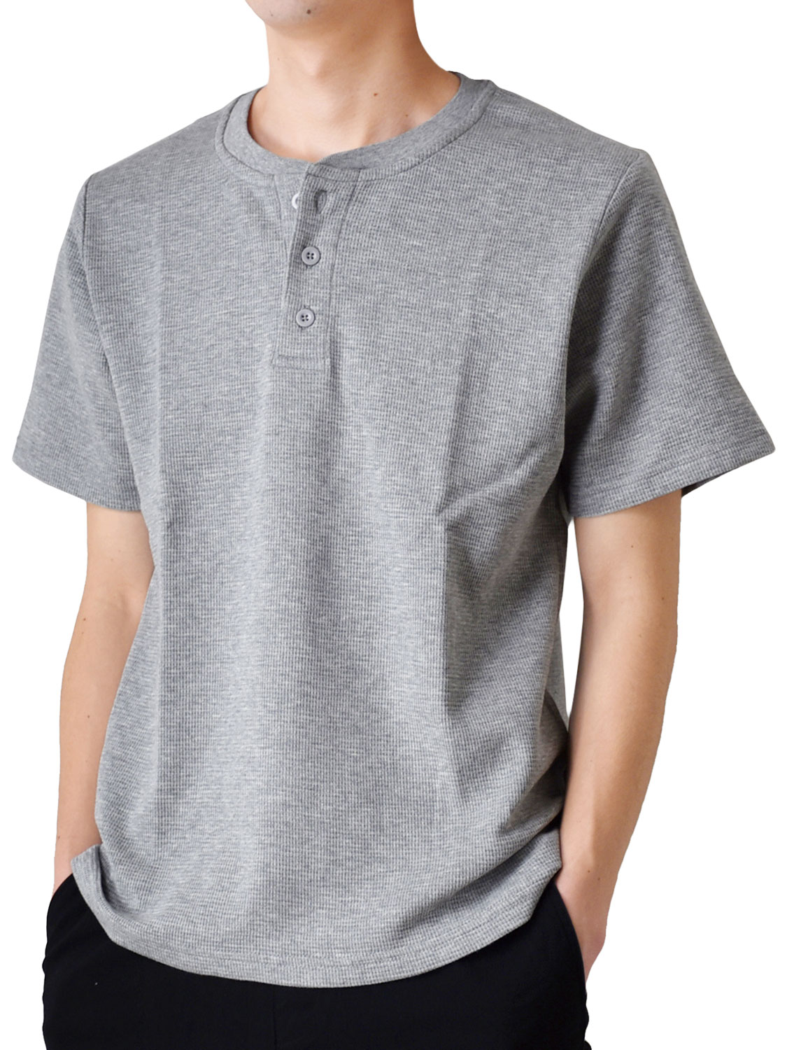 ARONA サーマルTシャツ メンズ 半袖 ヘンリーネック ワッフルTシャツ