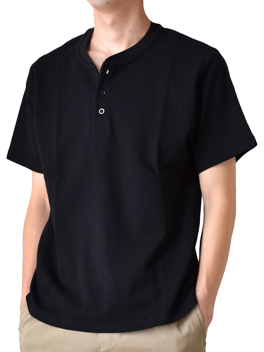 ARONA サーマルTシャツ メンズ 半袖 ヘンリーネック ワッフルTシャツ