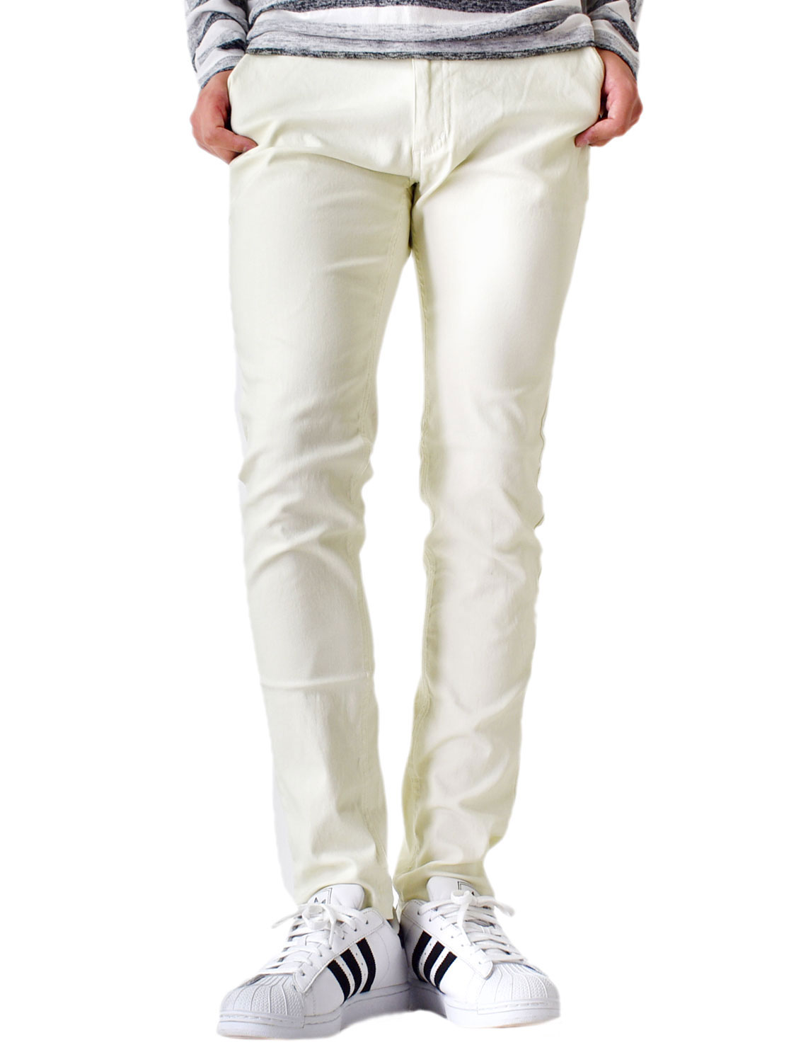高品質人気SALE102 サテンストレッチチノパン　メンズ（ホワイト）Lサイズ パンツ