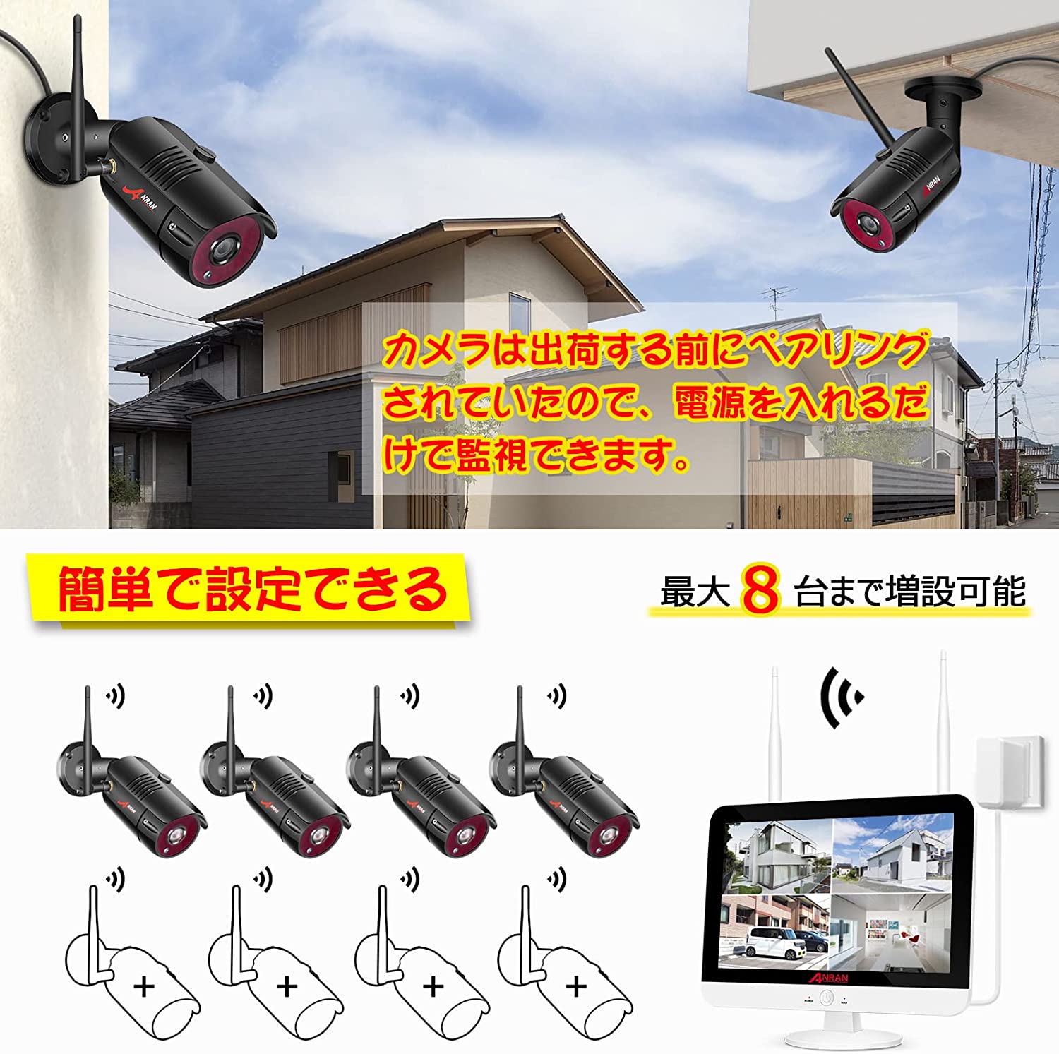 防犯カメラ 屋外 wifi 監視カメラ ワイヤレス 4台セット 500万画素 12インチモニター 2TB 無線 暗視 遠隔監視 家庭用 音声録画 防水  ペットカメラ anran