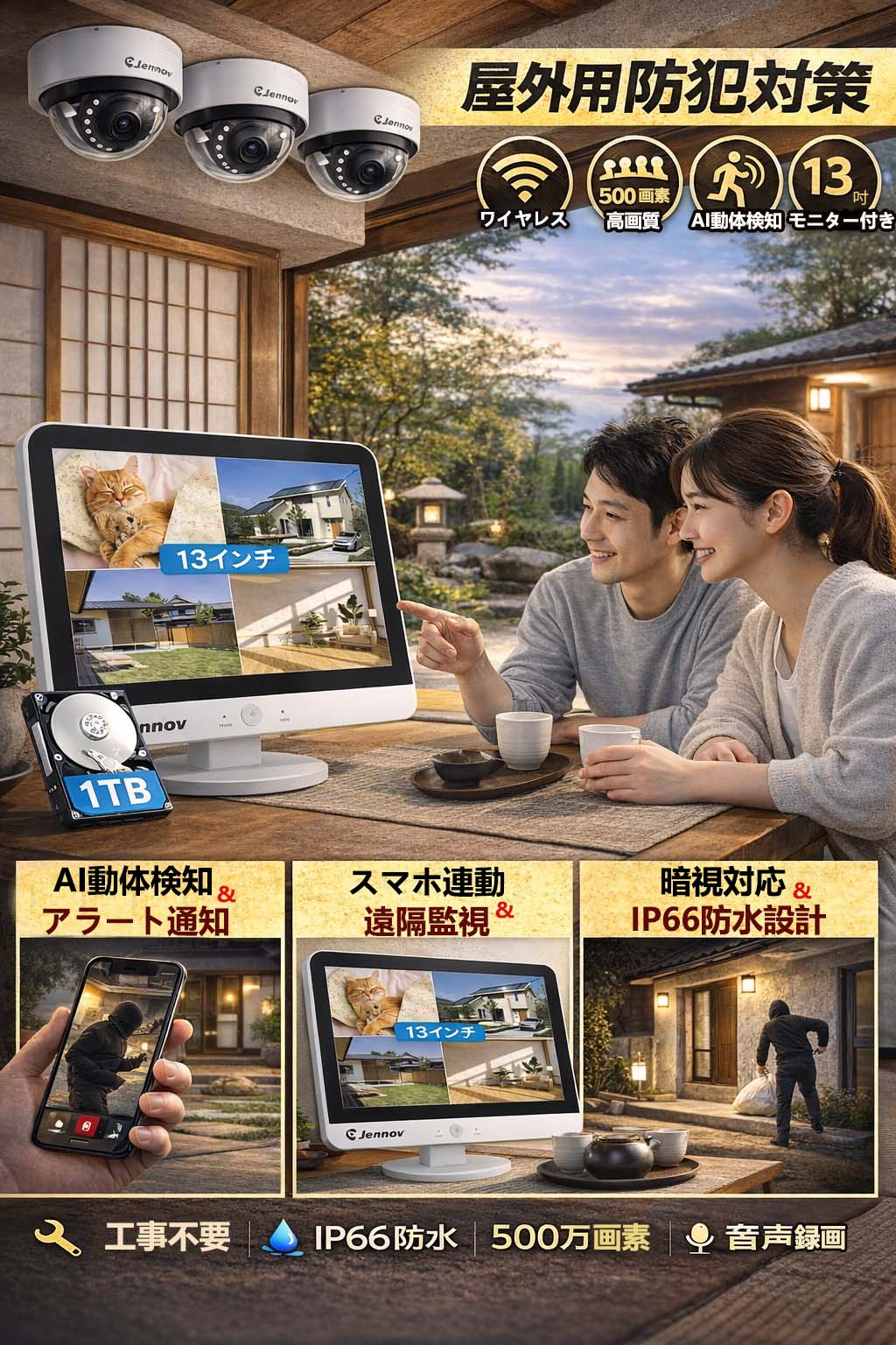 防犯カメラ 屋外 家庭用 500万画素 2台セット ペットカメラ ワイヤレス