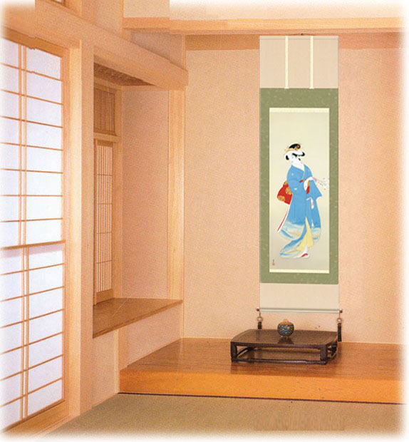掛軸　上村松園　「春宵」短冊掛け　大島紬　16×120 掛け軸 掛軸 上村松園（うえむらしょうえん）・ 春信（ しゅん