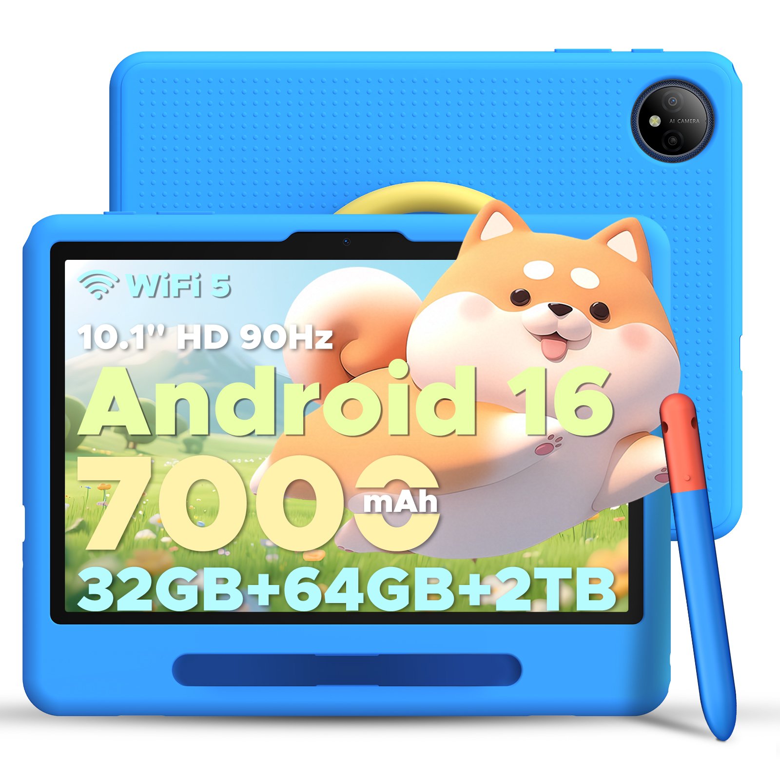 【ケース・タッチペン付き】10.1インチ 子供用タブレット Android16 90Hz IPS液晶 32GB RAM 64GB ROM 2TB拡張 7000mAh Wi-Fi 防ブルーライト 学習アプリ対応 |  | 01
