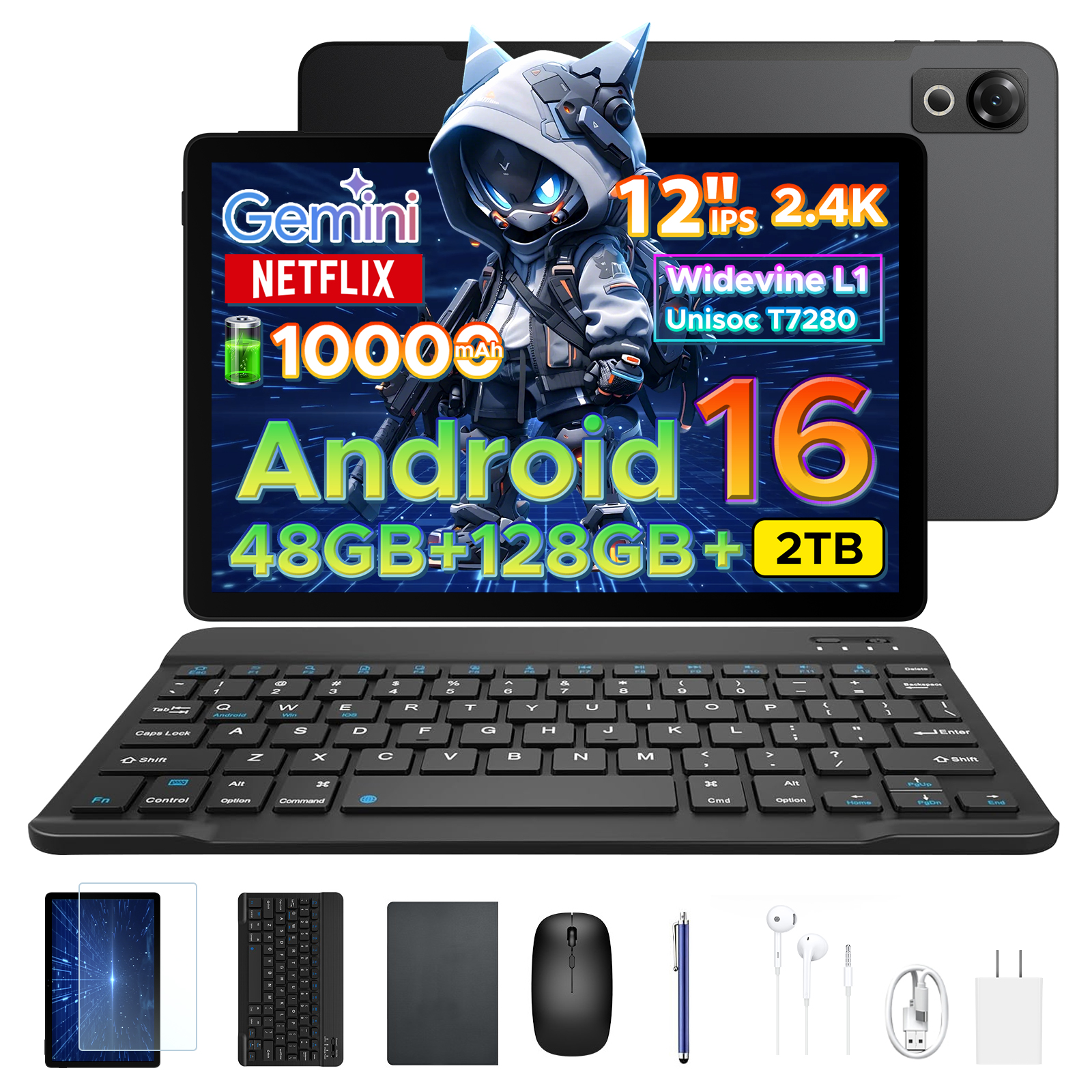 【50%OFFクーポン対象】P12 Android16 タブレット 12インチ Wi-Fiモデル Gemini AI 48GB+128GB 2TB拡張 2.4K 120Hz Widevine L1 キーボード付き 10000mAh 顔認識 |  | 01