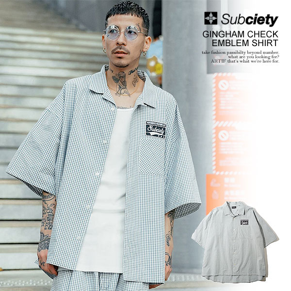 サブサエティ シャツ SUBCIETY GINGHAM CHECK EMBLEM SHIRT subciety メンズ 半袖 チェックシャツ  オーバーサイズ