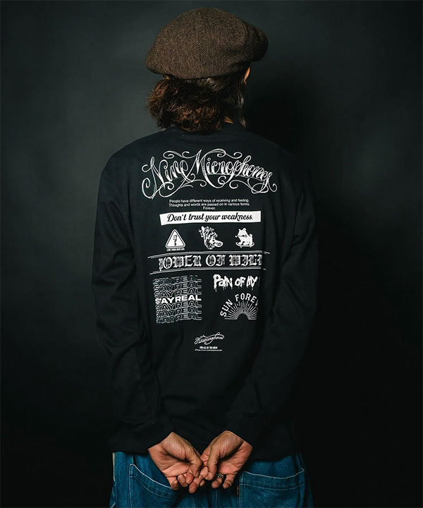 NINE MICROPHONES ナインマイクロフォンズ Words L/S TEE メンズ Tシャツ ロンT 長袖 グラフィックTシャツ ストリート atftps NineMicrophones（ナインマイクロフォンズ） Tシャツ NINE MICROPHONES