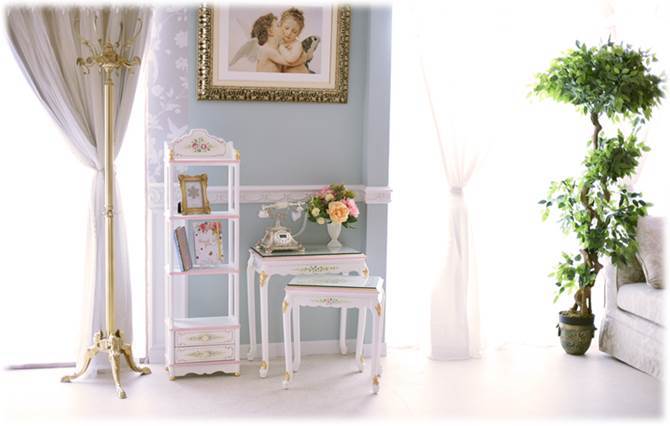 白木/黒塗り ロココ ネストテーブル2点セット サイドテーブル 白家具