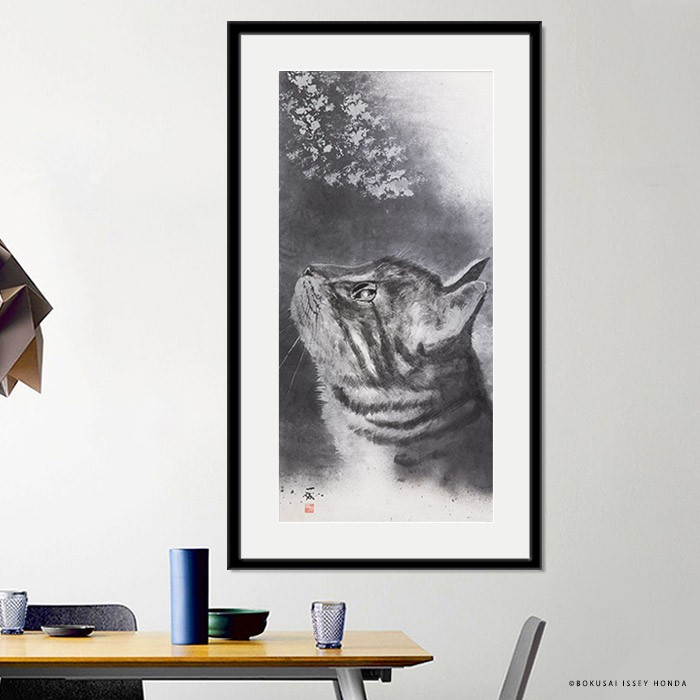 絵画「夢」猫 額入り 壁掛け 105cmx60cm 縦長 モダン 白黒 おしゃれ 絵