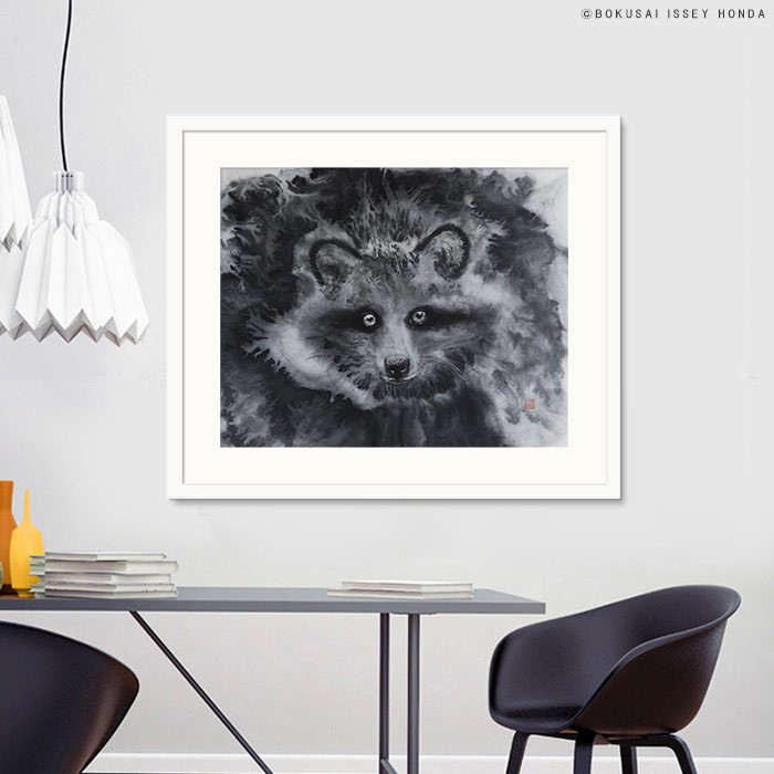 タヌキの水墨画 掛軸 絵画 水墨画 狸「心眼」タヌキ 壁掛け 85cm×72cm 額絵 壁絵 事務所
