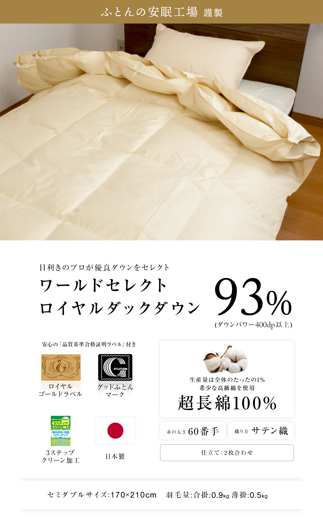 羽毛布団 セミダブル 掛け布団 2枚合せ 超長綿100% 60サテン ホワイト