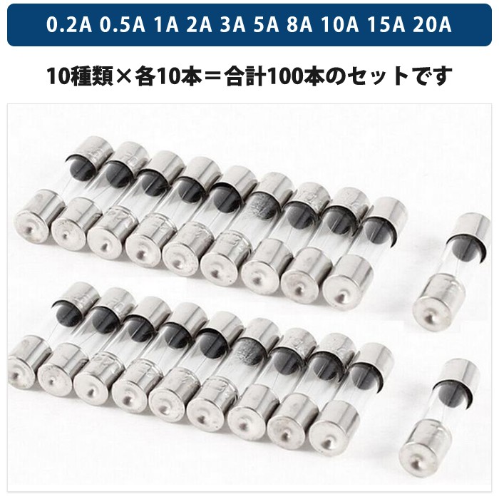 10種 計100個入 メンテナンス 電子 部品 ガラス管 ヒューズ