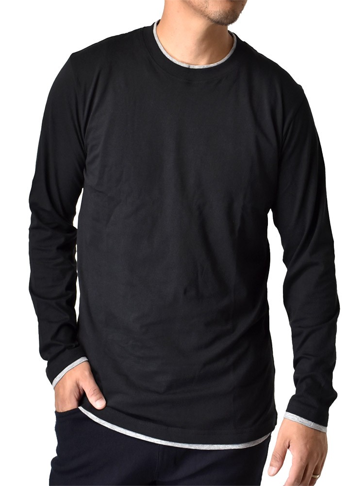 長袖Tシャツ ロンT メンズ ダブルネック 重ね着デザイン フェイクレイヤード 綿 セール｜aruge｜02