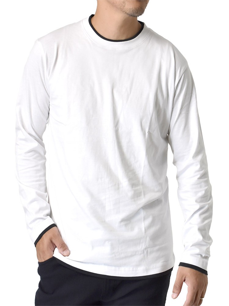 長袖Tシャツ ロンT メンズ ダブルネック 重ね着デザイン フェイクレイヤード 綿 セール