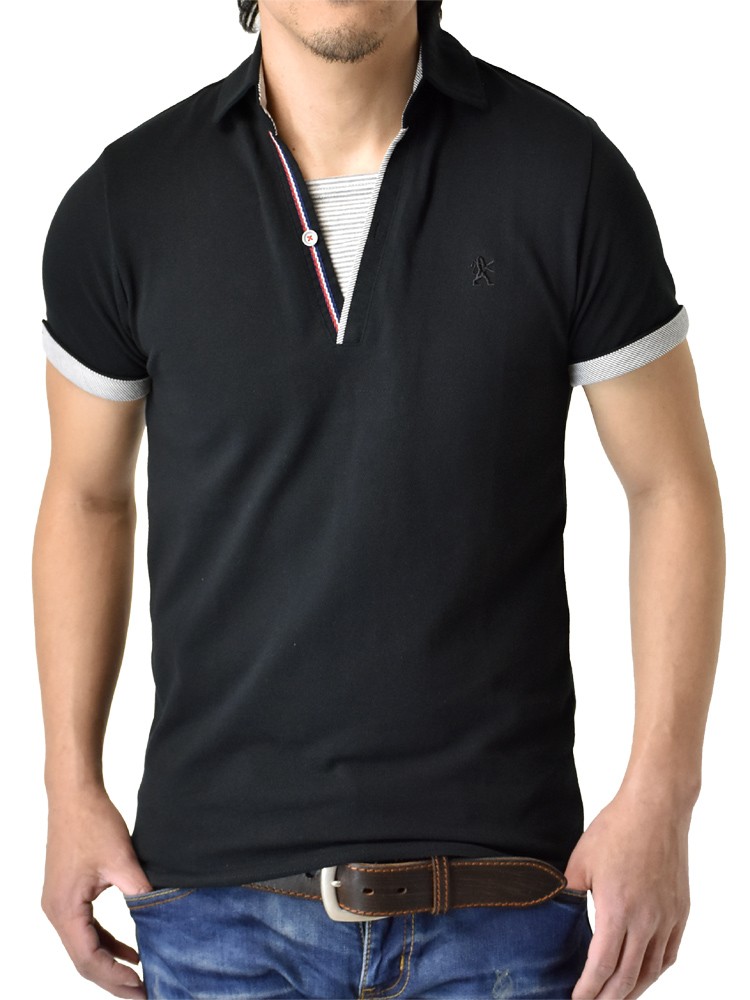 ポロシャツ メンズ ビジネス 半袖 マリンボーダー スキッパー 父の日 開襟シャツ セール mens