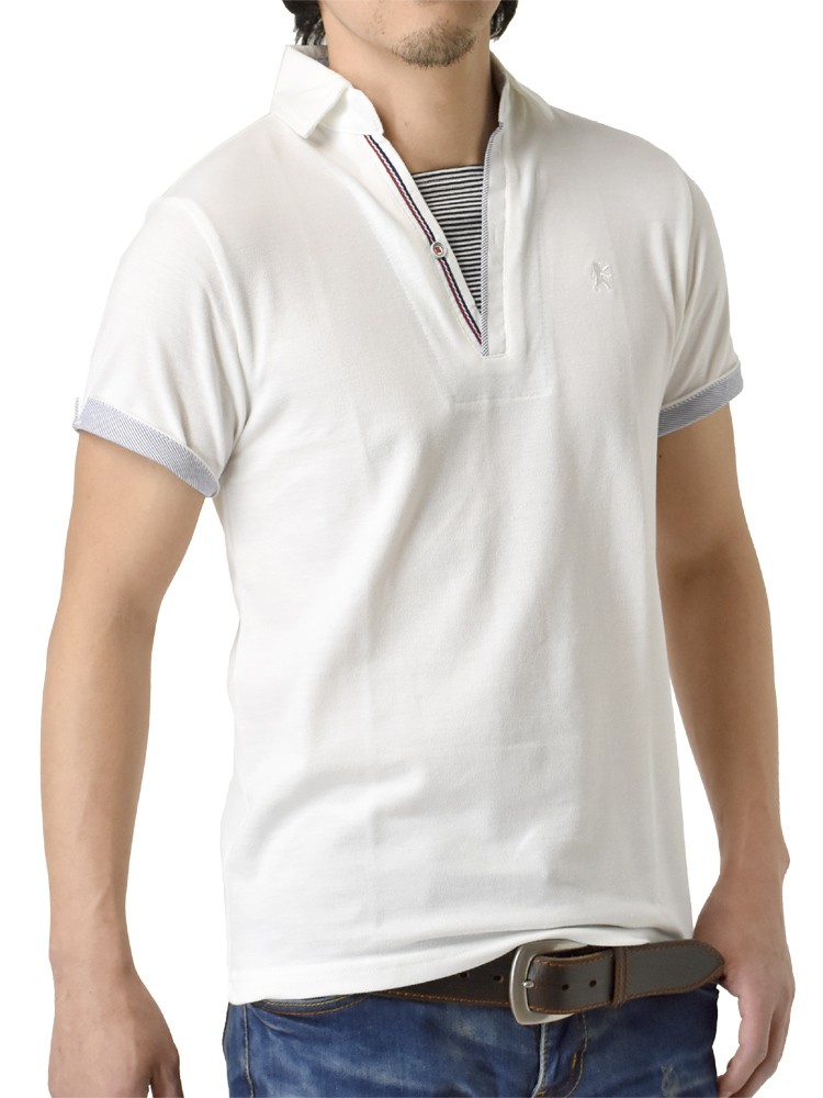 ポロシャツ メンズ ビジネス 半袖 マリンボーダー スキッパー 父の日 開襟シャツ セール mens