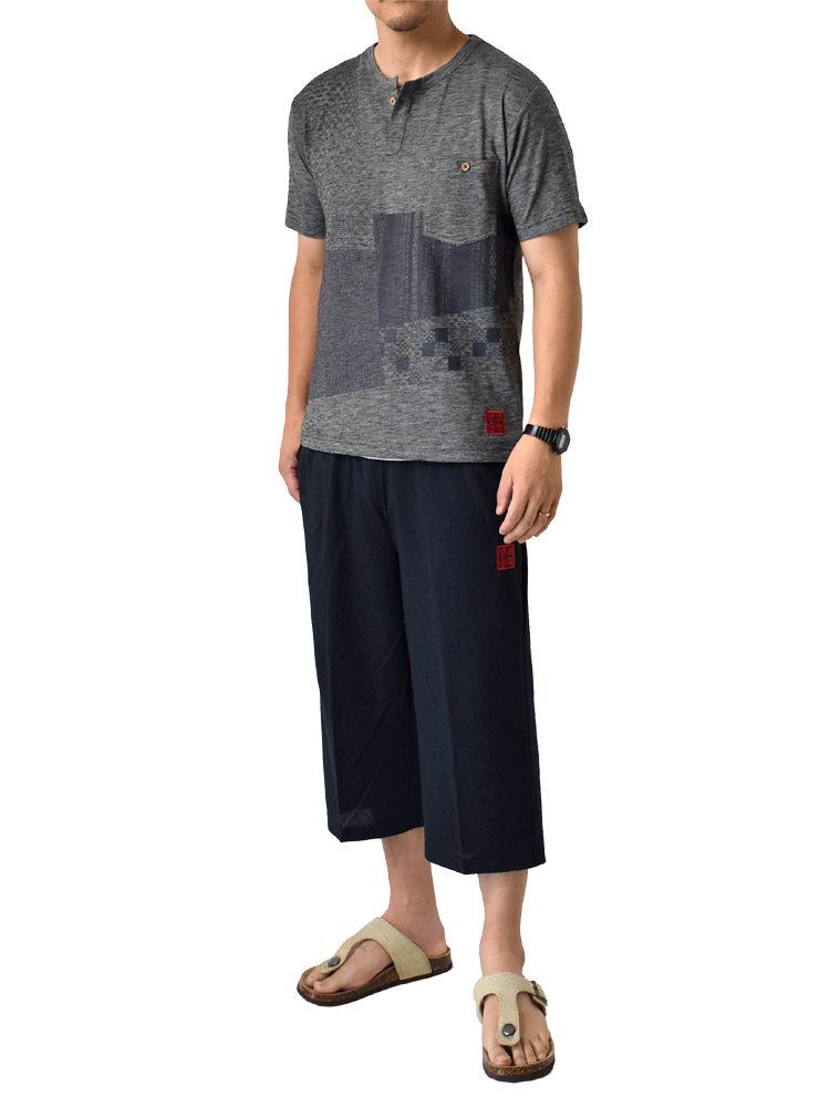 和柄 ルームウエア ヘンリーネック 半袖Tシャツ＆ハーフパンツ ストレッチ 涼感 パジャマ セール