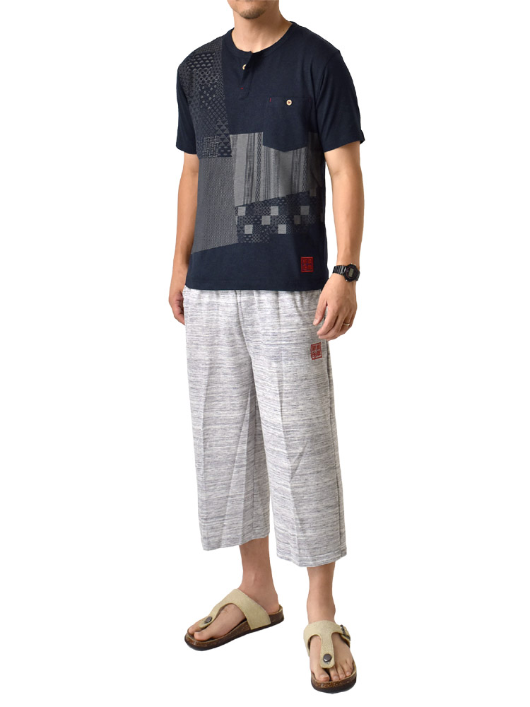 和柄 ルームウエア ヘンリーネック 半袖Tシャツ＆ハーフパンツ ストレッチ 涼感 パジャマ セール